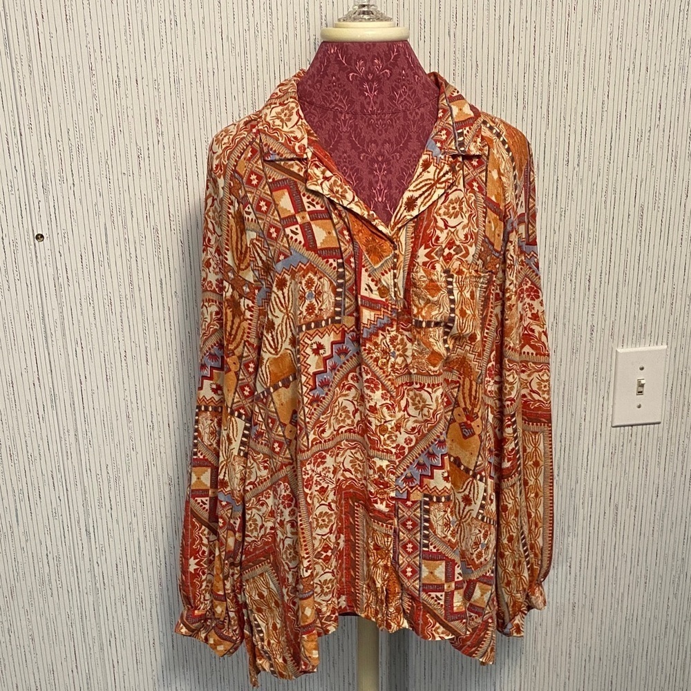 Rachel Zoe Red Tan Southwestern XL Long Sleeve Multicolor Women's Boho Blouse